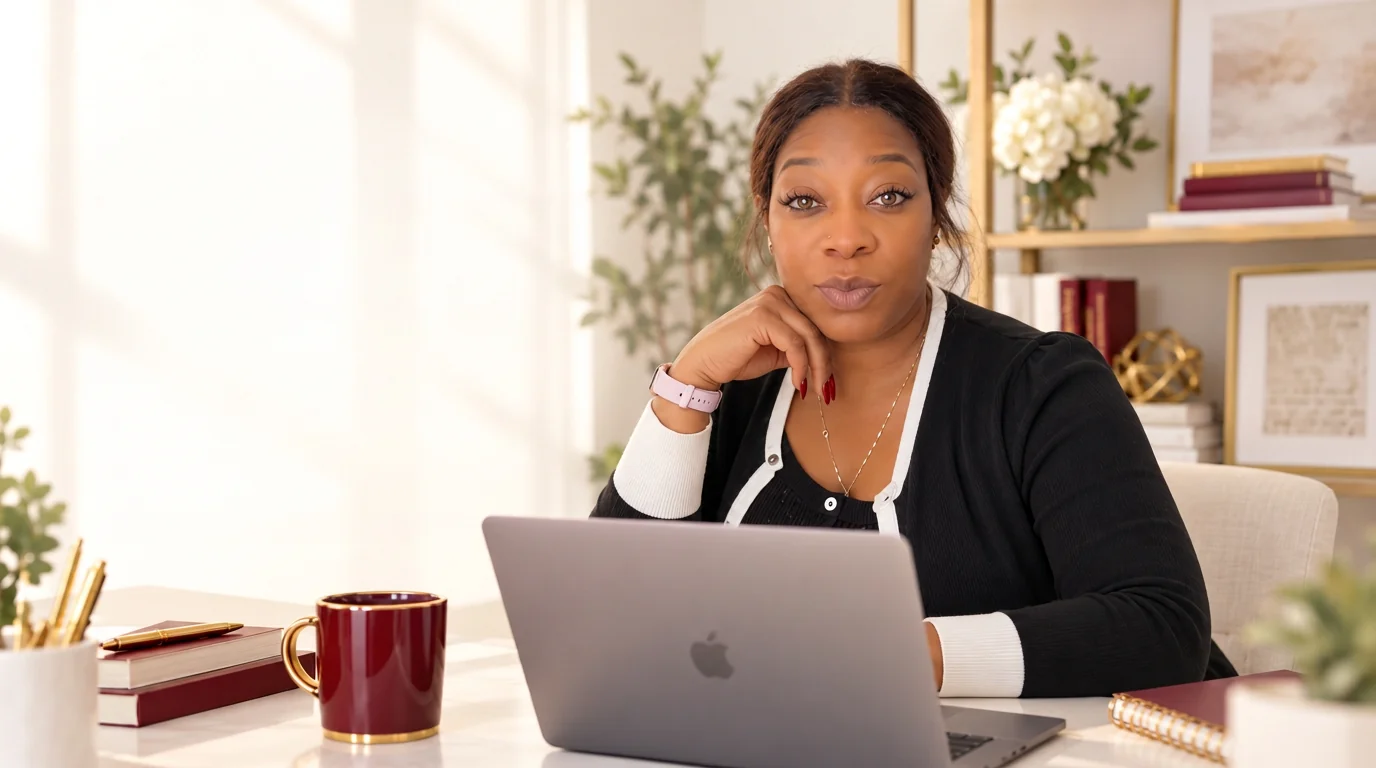 Olufunke Adeyinka, founder of Second Act Advisory, at her desk with a laptop